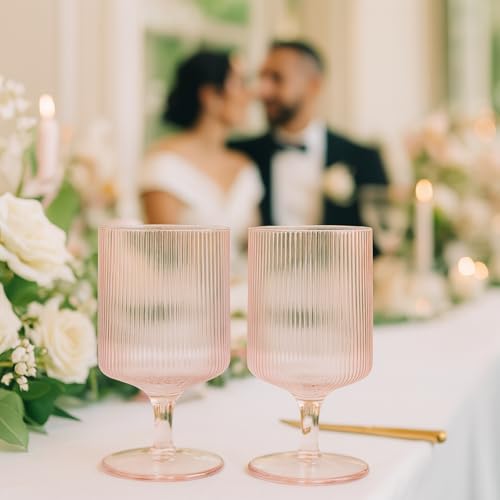 Ripple Textured Blush Pink Stemmed Glass Wine Goblets