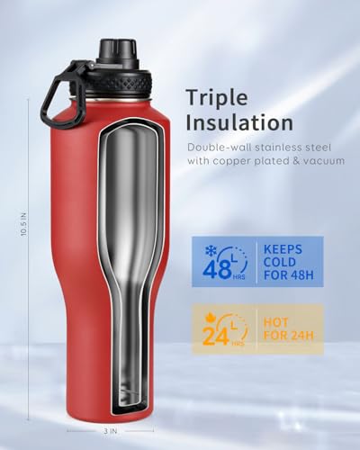 40 oz Water Bottle Insulated Fit in Any Car Cup Holder with 2 Lids (40 Ounces / Red)