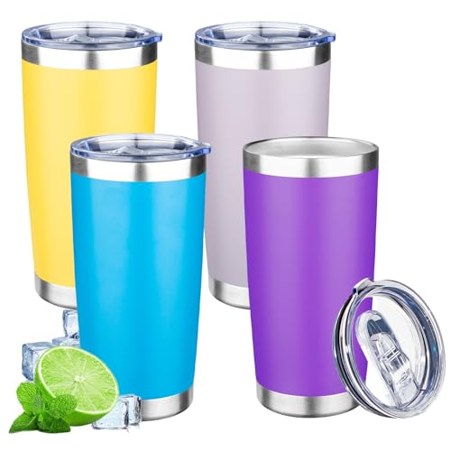 20oz Tumbler with Lid Double Wall Vacuum Insulated Travel Coffee Mug Stainless Steel Thermal Cup Powder Coated Sturdy Coffee Tumbler Bulk for Hot and Cold Beverages (20 Ounces (4 Pack) / Purple-Blue-Lavender-Yellow)