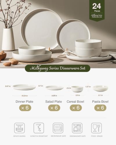Milkyway 24 Piece Stoneware Dinnerware Set with Pasta Bowls (Matte Beige White / Service for 6 (Include Pasta Bowls))