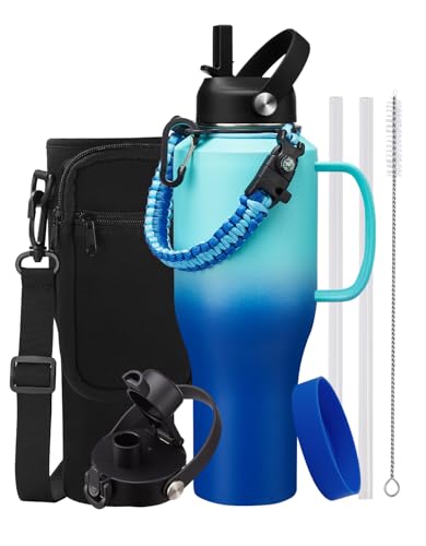 40 oz Water Bottle with Handle and Straw (Green Blue / 40 Ounces with built-in handle)