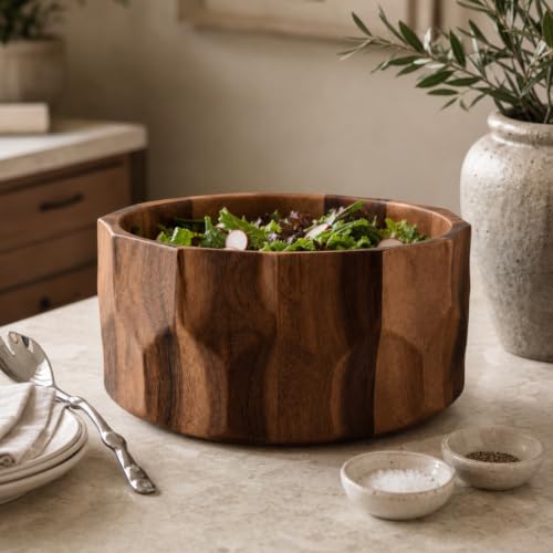 Large Diamond Pattern Acacia Wood Salad Serving Bowl (6" Tall x 12" Diameter)