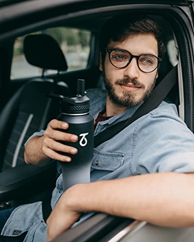 32 oz Water Bottle Insulated Fits in Any Car Cup Holder with 2 Lids (32 Ounces / Dark Gray)