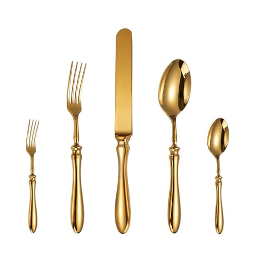5 Piece Gold Silverware Cutlery Set for 1 Flatware Luxury German Gold Utensil Sets 18