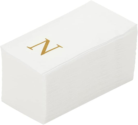 Luxenap 15.8 X 7.9 Inch Linen-Feel Guest Towels, 50 Lettered Hand Towels - Gold Letter 'N', Sans Serif Font, White Paper Dinner Napkins, airlaid, For Restrooms And Tables