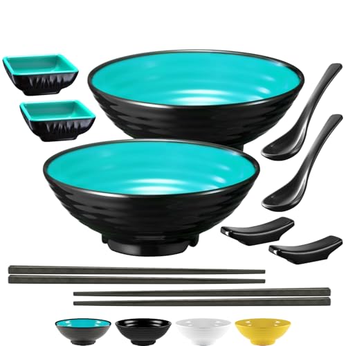 Unbreakable Ramen Bowl Set with Chopsticks and Spoon (2 Bowl Set / Teal & Black)