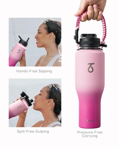 40 oz Water Bottle Insulated Fit in Any Car Cup Holder with 2 Lids (40 Ounces / Gradient Pink)