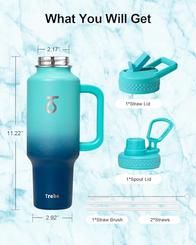 Insulated Water Bottle 40 oz Fits in Car Cup Holder with Side Handle (40 Ounces / Blue)