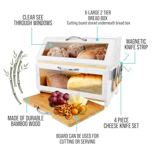 Bread Box with Cutting Board & Knife Set (White Bamboo)