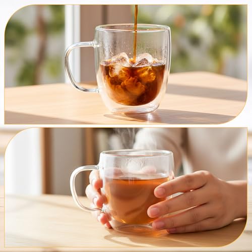 8 Pcs 16oz Clear Glass Coffee Mugs Double Walled Coffee Cups Glasses Insulated Latte Mugs with Handle Espresso Clear Cups for Cappuccino Tea (480ml / Clear)