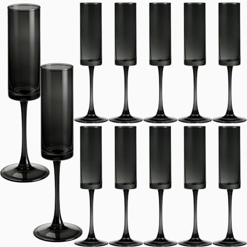 12 Pieces Black Champagne Flutes 6 OZ Straight Sided Wine Glasses Champagne Long Stem Drinking Colored Glasses (12 Count)