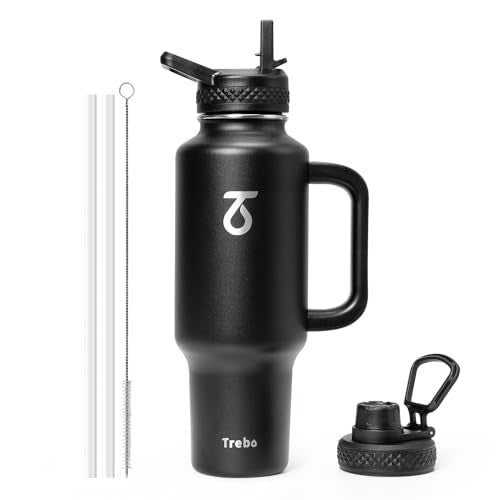 Insulated Water Bottle 40 oz Fits in Car Cup Holder with Side Handle (40 Ounces / Deep Black)
