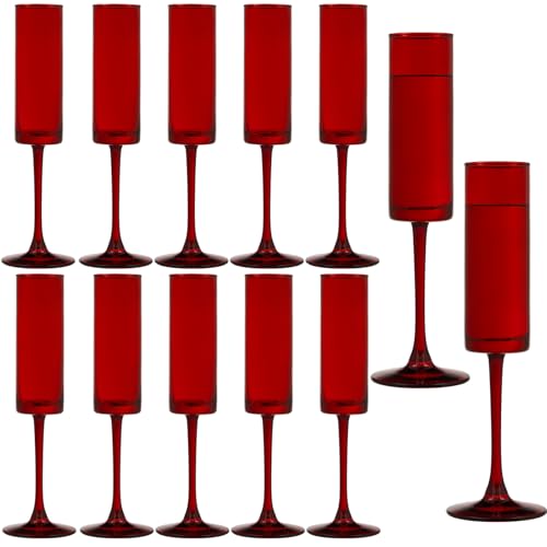 12 Pieces Red Champagne Flutes 6 OZ Straight Sided Wine Glasses Champagne Long Stem Drinking Colored Glasses (12 Count)