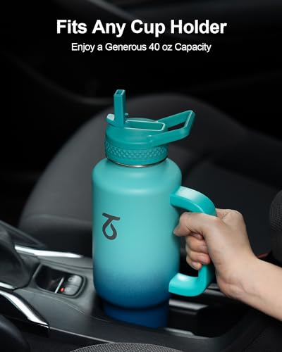 Insulated Water Bottle 40 oz Fits in Car Cup Holder with Side Handle (40 Ounces / Blue)