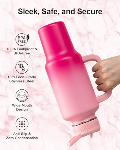 Insulated Water Bottle 40 oz Fits in Car Cup Holder with Side Handle (40 Ounces / Pink)