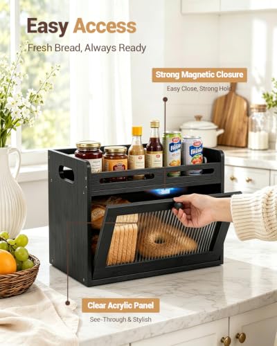 Bread Box for Kitchen Countertop (Black / 1-Tier)