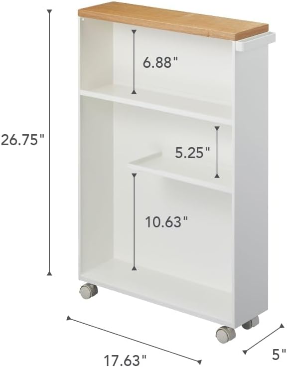 YAMAZAKI Home Slim Rolling Storage Cart – Narrow Bathroom Storage Cabinet with Handle, Slim Bathroom Storage Cart with Wheels, Easy Assembly, Steel + Wood, White, 27" - Steel -