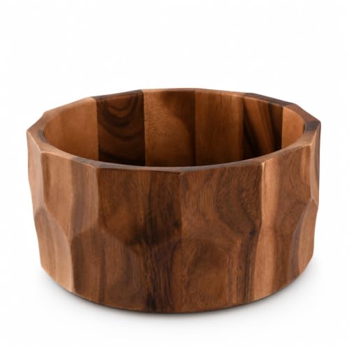 Large Diamond Pattern Acacia Wood Salad Serving Bowl (6" Tall x 12" Diameter)