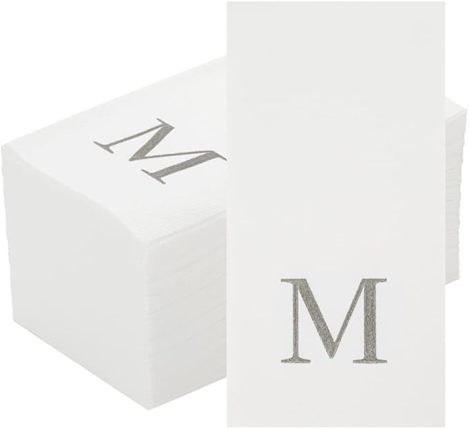 Luxenap 15.8 X 7.9 Inch Linen-Feel Guest Towels, 50 Lettered Hand Towels - Silver Letter 'M', Sans Serif Font, White Paper Dinner Napkins, airlaid, For Restrooms And Tables - Restaurantware