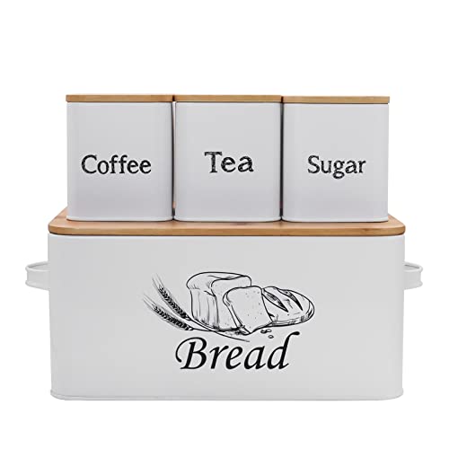 Bread Box with 3pcs Jars Coffee Sugar Tea for Kitchen Countertop White Metal Bread Box with Bamboo Board Cover Pastry Storage Container Set Kitchen decor (White Bread Box Set)