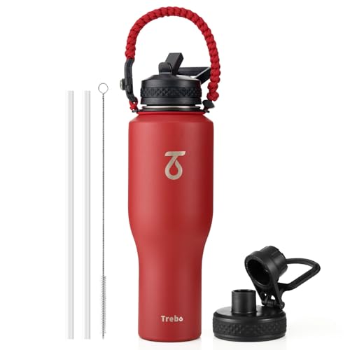40 oz Water Bottle Insulated Fit in Any Car Cup Holder with 2 Lids (40 Ounces / Red)