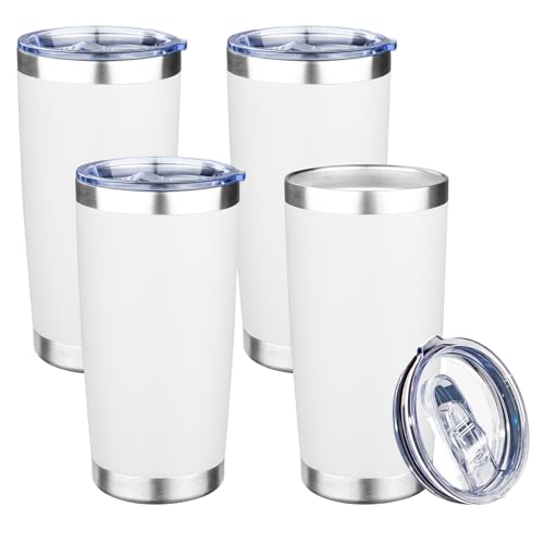 20oz Tumbler with Lid Double Wall Vacuum Insulated Travel Coffee Mug Stainless Steel Thermal Cup Powder Coated Sturdy Coffee Tumbler Bulk for Hot and Cold Beverage (20 Ounces (4 Pack) / White)