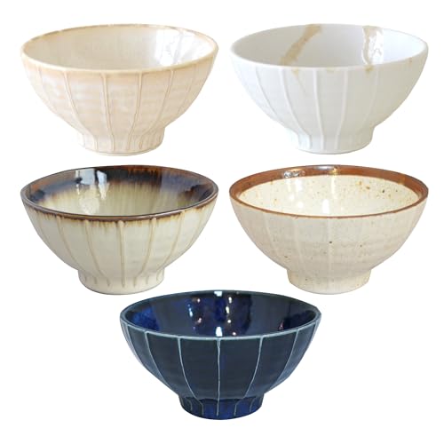 Set of 5 Japanese Ceramic Striped Ichichin Rice Bowls (White)