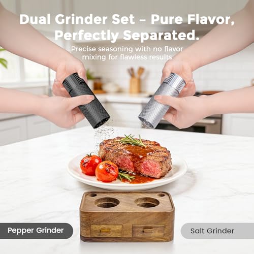 Professional Salt and Pepper Mill Set with Wooden Stand (Salt & Pepper Mill Set (Wooden Base))