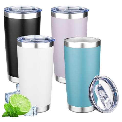 20oz Tumbler with Lid Double Wall Vacuum Insulated Travel Coffee Mug Stainless Steel Thermal Cup Powder Coated Sturdy Coffee Tumbler Bulk for Hot and Cold Beverages (20 Ounces (4 Pack) / Black-Purple-Glacier-White)