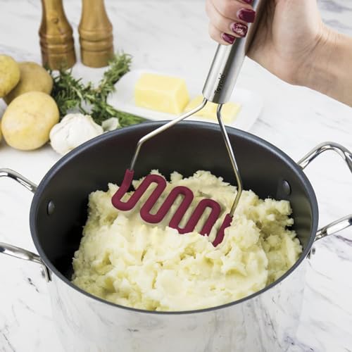 Silicone Cooking Utensil Set of 6 Stainless Steel Handle Ladle Slotted Turner Tongs Flex Core Spatula Scraper Mixing Spoon & Potato Masher (Cayenne)