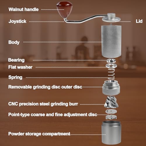 Manual Coffee Grinder Gift Box Detachable Stainless Steel Conical Burr Aluminum Coffee Bean Grinder with 25 Grinding Settings Cleaning Brush Grindable Espresso Moka Pot for Camping Silver (Detachable / Silver)