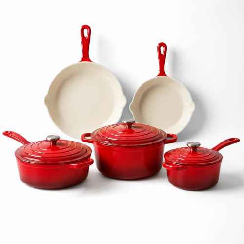 5 Piece Red Enameled Cast Iron Pots and Pans Set