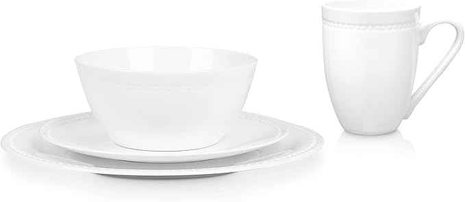 Stone Lain Ava Bone China Formal Dinnerware Set, 16-Piece Everyday Dish Service for 4 Includes Plates, Bowls, and Mugs | Chip + Scratch Resistant| White with Embossed Pinpoint Design