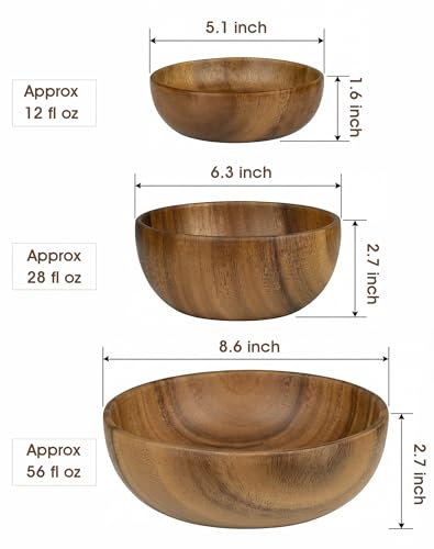 Wooden Salad Bowls Set of 3 (Brown 3 Sizes(set of 3))