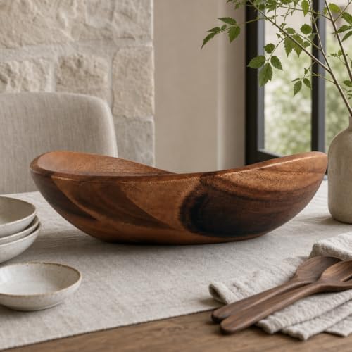 Wave Pattern Large Acacia Wood Salad Bowl (4" Tall x 12" Wide x 19" Long)