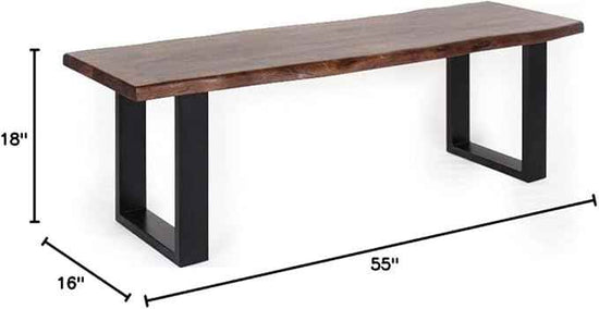 Pemberly Row 55" L Solid Wood Live Edge Dining Bench, Brown & Black Finish, Acacia Wood, Heavy Steel Sled Base, Industrial Modern Style, Scratch-Resistant, Kitchen or Dining Room Seating