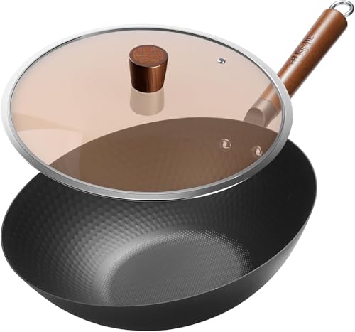 Lightweight Carbon Steel Wok Pan with Lid (bk-12.6")