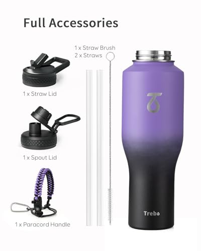40 oz Water Bottle Insulated Fit in Any Car Cup Holder with 2 Lids (40 Ounces / Dark Purple)