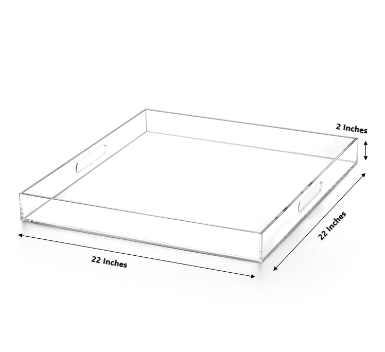 Extra Large Clear Modern Acrylic Ottoman Tray with Cutout Handles 22x22 Inch Over