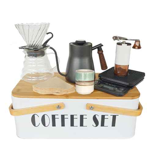 Pour Over Coffee Maker Set Coffee Kettle Scale Server Dripping Cup Bean Grinder Filter Paper Ceramic Cup ALL in 1 Great Portable Metal Box for Traveling Excellent Coffee Gift