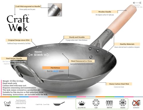 Flat Hand Hammered Carbon Steel Pow Wok with Wooden and Steel Helper Handle (12-inch)