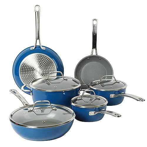 Kitchen Essentials 10 Piece PFA Free Titanium Ceramic Nonstick Interior Forged Aluminum Cookware Pots and Pans Set