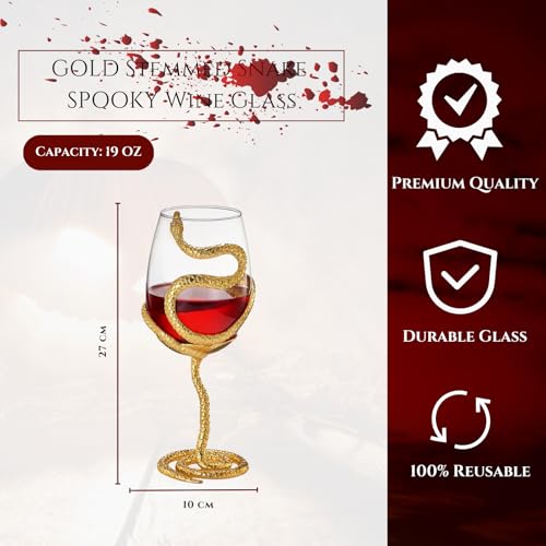 Stemmed Snake Wine Glass Single 19oz 10 Inch Tall Gothic Reptile Goblet in Gold Spooky Décor Skeleton Inspired Gifts Graveyard Themed Parties Seasonal Entertaining and Unique Wine Gift