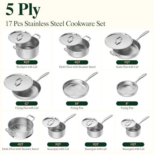 17Pcs 5 Ply Clad Stainless Steel Cookware Set with Lids