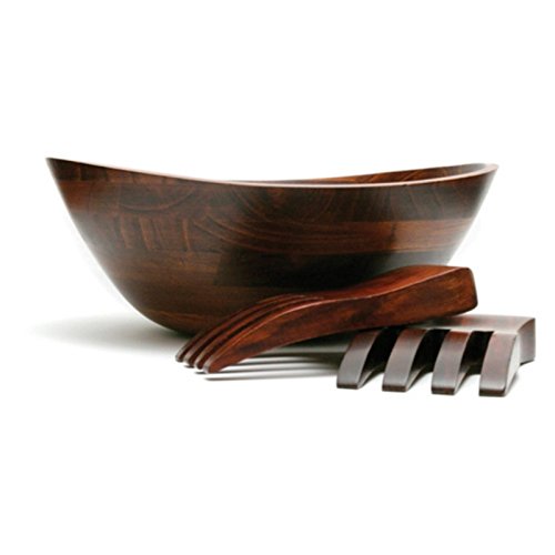Cherry Finished Wavy Rim Serving Bowl with 2 Salad Hands (Large)