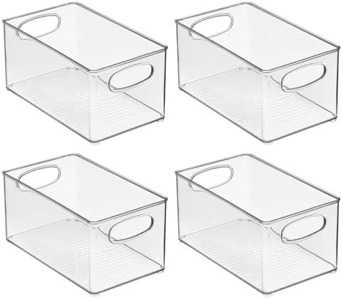 mDesign Plastic Home Closet Organizer - Basket Storage Holder Bin w/ Handles for Bedroom, Bathroom, Cabinet Shelves, Entryway, and Hallway - Holds Sweaters, Purses - Ligne Collection - 4 Pack - Clear
