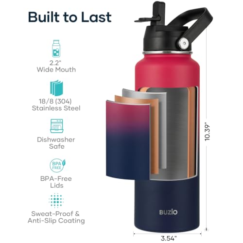 40 oz Insulated Water Bottle with Paracord Handle & Straw Spout Lids (40 Ounces / Ruby Red Navy)