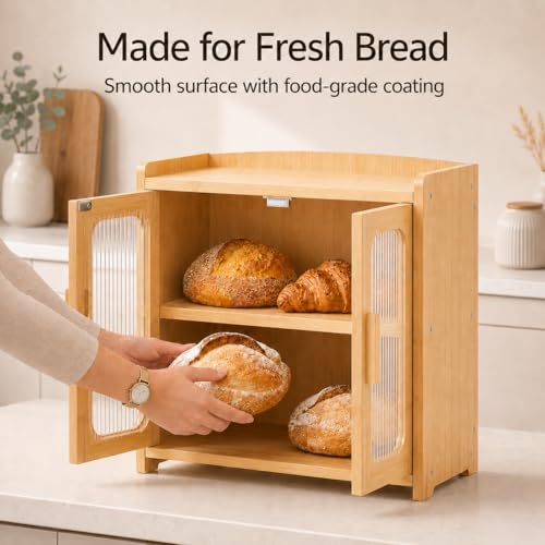 Bread Box for Kitchen Countertop (Natural Bamboo)