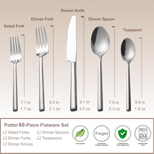 Potter 60 Piece Forged Silverware Set Stainless Steel Flatware Set Cutlery Set (9.17 Count)