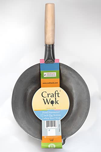 Flat Hand Hammered Carbon Steel Pow Wok with Wooden and Steel Helper Handle (12-inch)